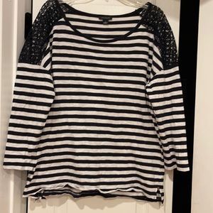 Ann Taylor 3/4 sleeve size L navy/white strip with cut out navy shoulders.